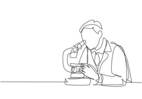 One continuous line drawing of young male scientist analyze corona virus cause covid-19 disease using laboratory microscope. Coronavirus medical research concept single line draw design illustration vector