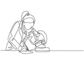 One continuous line drawing of female scientist researching antibiotic formula using microscope to find covid vaccine. Coronavirus medical research concept single line draw design vector illustration