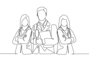 One continuous single line drawing group of young male and female doctors pose standing together while holding medical report. Teamwork medical concept single line draw design vector illustration