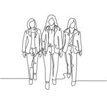 One continuous line drawing of young female managers walking together neatly in a row in city street go to office. Urban commuter workers concept single line draw design graphic vector illustration