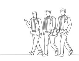 One continuous line drawing of young happy businessmen walking together and discussing new big collaboration project. Urban commuter workers concept single line graphic draw design vector illustration