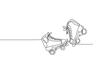 One single line drawing of pair of old retro plastic quad roller skate shoes. Vintage classic extreme sport concept continuous line draw design vector graphic illustration