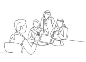 un dibujo de una sola línea de jóvenes empresarios musulmanes felices reciben asesoramiento empresarial de un consultor. velo de tela de arabia saudita, pañuelo en la cabeza, thobe, hijab. Ilustración de vector de diseño de dibujo de línea continua