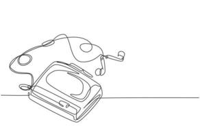 One continuous line drawing of retro old classic mobile radio tape with earphone. Vintage mobile music player item concept single line draw graphic design vector illustration