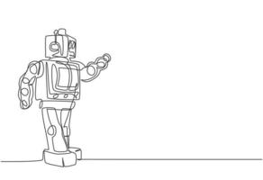 Single continuous line drawing of old retro classic iconic robot from 90s era. Vintage technology electronic toy concept one line draw design vector graphic illustration