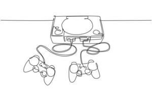 un dibujo de línea continua del reproductor de videojuegos de arcade clásico antiguo retro con joystick. Concepto de elemento de juego de consola vintage ilustración de vector de diseño gráfico de dibujo de una sola línea