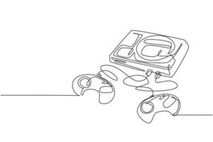 Single continuous line drawing of retro old classic arcade video game player with cassette. Vintage console game item concept one line graphic draw design vector illustration