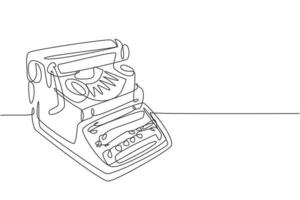 One single line drawing of retro old classic typewriter set from side view. Vintage office item concept continuous line draw graphic design vector illustration