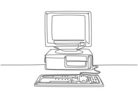 Single continuous line drawing of retro old classic personal computer processor unit. Vintage cpu with analog monitor and keyboard item concept one line draw graphic design vector illustration