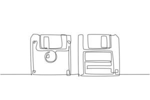 One single line drawing of retro old classic 3.5 inch floppy disk front and back side. Vintage file storage diskette item concept continuous line graphic draw design vector illustration