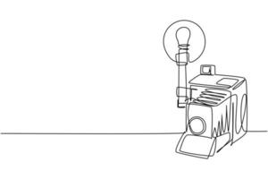 Single continuous line drawing of old retro analog camera medium format with blitz flash light. Vintage photography equipment concept one line draw design vector graphic illustration