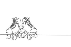 Single continuous line drawing pair of old retro plastic quad roller skate shoes. Vintage classic extreme sport concept one line draw design vector illustration graphic