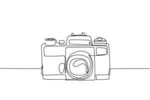 One continuous line drawing of old retro analog slr camera, front view. Vintage classic photography equipment concept single line draw graphic design vector illustration