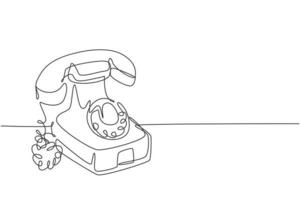One continuous line drawing of old vintage antique analog desk telephone to communicate. Retro classic telecommunication device concept single line graphic draw design vector illustration