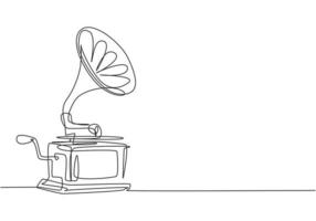 One continuous line drawing of old retro analog gramophone with vinyl desk. Antique vintage music player concept. Musical instrument single graphic line draw design vector illustration