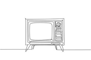 Single continuous line drawing of retro old fashioned tv with wooden case and leg. Antique vintage analog television concept one line draw graphic design vector illustration