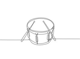 un dibujo de una sola línea de un pequeño tambor con baquetas. concepto de instrumentos musicales de percusión. Ilustración de vector gráfico de diseño de dibujo de línea continua dinámica