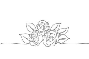 Single continuous line drawing of fresh romantic beautiful rose flower bouquet. Greeting card, invitation, logo, banner, poster concept. Modern one line draw design vector graphic illustration
