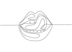 One single line drawing of old retro classic iconic lips and tongue from 80s era. Vintage icon concept continuous line draw design vector illustration graphic