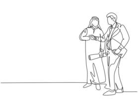 Single continuous line drawing of young muslim businessman handshake with business partner. Arab middle east businessmen with shmagh, kandura, robe cloth. One line draw design vector illustration