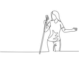 un solo dibujo de una joven cantante feliz sosteniendo un micrófono y cantando en un concierto de música. Músico artista concepto de rendimiento línea continua dibujar diseño gráfico ilustración vectorial vector