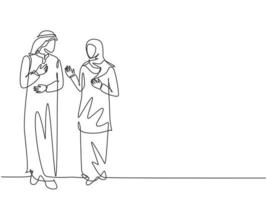 Single continuous line drawing of young muslim business couple discussing product sales strategy together. Arab middle east cloth shmagh, thawb, robe, hijab. One line draw design vector illustration