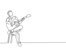 dibujo de una sola línea del joven guitarrista masculino feliz tocando la guitarra acústica mientras está sentado en una silla. Concepto de rendimiento de artista músico moderno gráfico de ilustración de vector de diseño de dibujo de línea continua