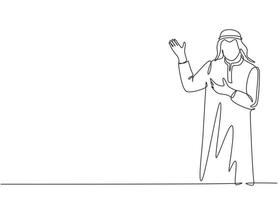 Single continuous line drawing of young muslim businessman giving presentation of explanation gesture hands. Arab middle east cloth kandura, thawb, robe. One line draw design vector illustration
