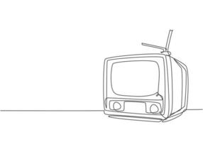 One continuous line drawing of retro old classic television with antenna. Vintage analog tv entertainment item concept single line draw design vector graphic illustration