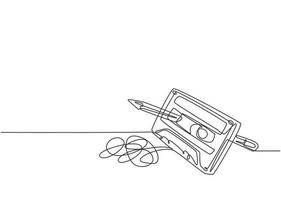 Un dibujo de una sola línea de una cinta de cassette analógica enredada gira con un lápiz de madera. Concepto de elemento musical vintage gráfico de ilustración de vector de diseño de dibujo de línea continua