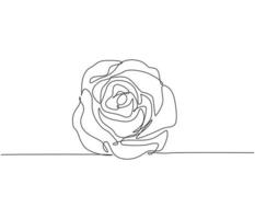One continuous line drawing of fresh beautiful romantic rose flower. Greeting card, invitation, logo, banner, poster concept. Trendy single line draw design vector graphic illustration