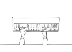 Single continuous line drawing of young happy pianist playing keyboard of grand piano on music concert orchestra, top view. Musician artist performance concept one line draw design vector illustration