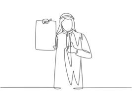 One single line drawing of young happy muslim manager proudly showing his work achievements. Saudi Arabia cloth shmag, kandora, headscarf, thobe ghutra. Continuous line draw design vector illustration