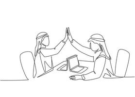 One single line drawing of young happy muslim marketing manager giving high five hands gesture. Saudi Arabian with kandora, headscarf, thobe, ghutra. Continuous line draw design vector illustration