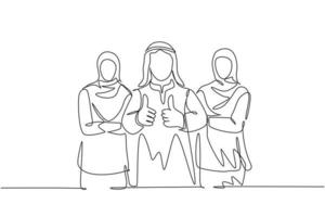 One continuous line drawing of young muslim business team members lining up while give thumb up gesture. Islamic clothing shemag, scarf, keffiyeh, hijab. Single line draw design vector illustration