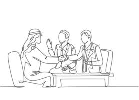 Un dibujo de línea continua del proyecto de trato de hombre de negocios musulmán joven en una reunión de negocios. empresarios de Arabia Saudita con shemag, bufanda, paño keffiyeh. Ilustración de vector de diseño de dibujo de una sola línea