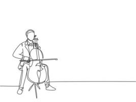 un dibujo de una sola línea de un joven violonchelista masculino feliz tocando el violonchelo en el teatro de orquesta clásica. Músico artista concepto de rendimiento línea continua dibujar diseño gráfico ilustración vectorial vector