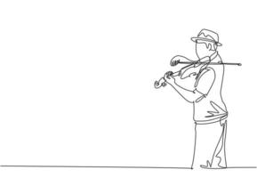 Single continuous line drawing of young happy male violinist wearing a hat and performing to play violin on music concert. Musician artist performance concept one line draw design vector illustration