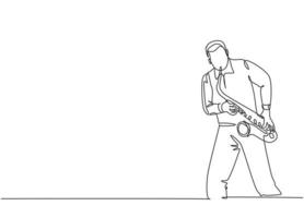 One continuous line drawing of young happy male saxophonist performing to play saxophone on music concert. Musician artist performance concept single line draw design vector graphic illustration
