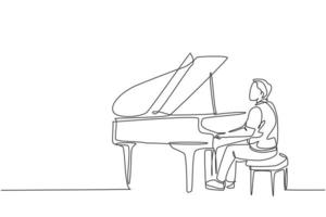 dibujo de línea continua única de joven pianista masculino feliz tocando el piano de cola clásico en la orquesta de conciertos de música. Músico artista concepto de rendimiento una línea dibujar diseño gráfico ilustración vectorial