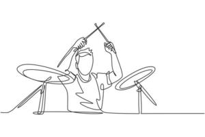 dibujo de línea continua única del joven baterista masculino feliz tocando el tambor en el escenario del concierto de música. Músico artista concepto de rendimiento una línea dibujar diseño gráfico vectorial ilustración vector