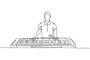 One single line drawing of young happy male pianist playing electric synthesizer, a modern keyboard piano. Musician artist performance concept continuous line draw design graphic vector illustration