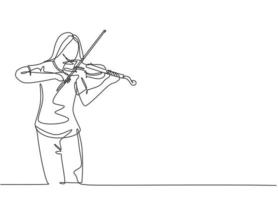 One continuous line drawing of young happy female violinist performing to play violin on music festival concert. Musician artist performance concept single line draw design graphic vector illustration