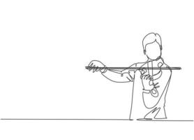 One single line drawing of male violinist performing to play violin on music festival. Trendy musician artist performance concept continuous line draw design graphic vector illustration