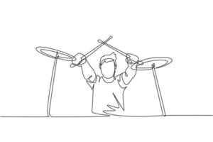 One single line drawing of young male drummer crossing the drumstick while playing drum set on music festival stage. Musician artist performance concept continuous line draw design vector illustration