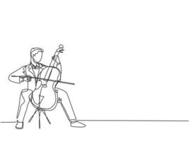 One single line drawing of young happy male cellist performing to play cello on classical orchestra concert. Musician artist performance concept continuous line graphic draw design vector illustration