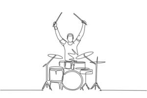 un dibujo de una sola línea de un joven baterista masculino feliz que levanta la baqueta mientras toca la batería en el escenario del concierto de música. Concepto de rendimiento de artista músico ilustración de vector de diseño de dibujo de línea continua