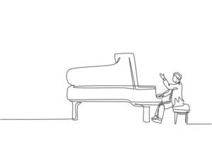 un dibujo de una sola línea del joven pianista masculino feliz tocando el piano de cola clásico en el escenario del festival de conciertos de música. Concepto de rendimiento de artista músico ilustración de vector de diseño de dibujo de línea continua