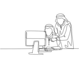 Single continuous line drawing of young muslim workers watching business and training video on monitor. Arab middle east cloth shmagh, kandura, thawb, robe. One line draw design vector illustration