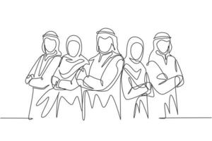 un dibujo de línea continua de jóvenes empresarios musulmanes alineados cuidadosamente con las manos cruzadas sobre el pecho. ropa islámica shemag, kandura, bufanda, hijab. Ilustración de vector de diseño de dibujo de una sola línea